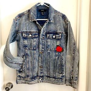 Forever 21 jean jacket with embroidered rose and wolf howling at the moon.